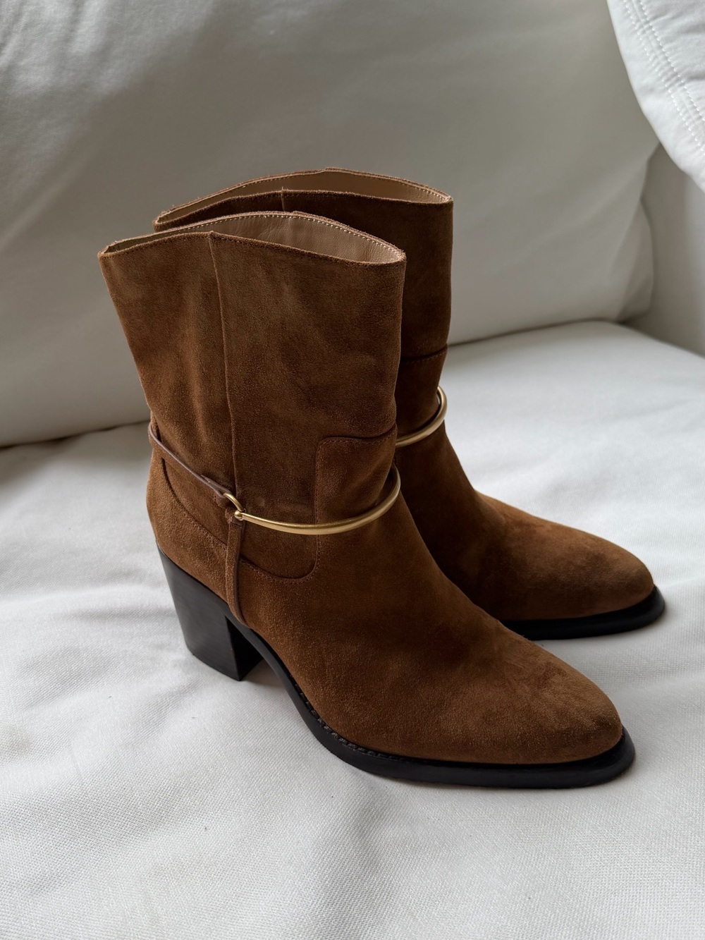 Veronica Beard Brown Suede Lace-Up Mid-Calf Boots with Gold Accent
